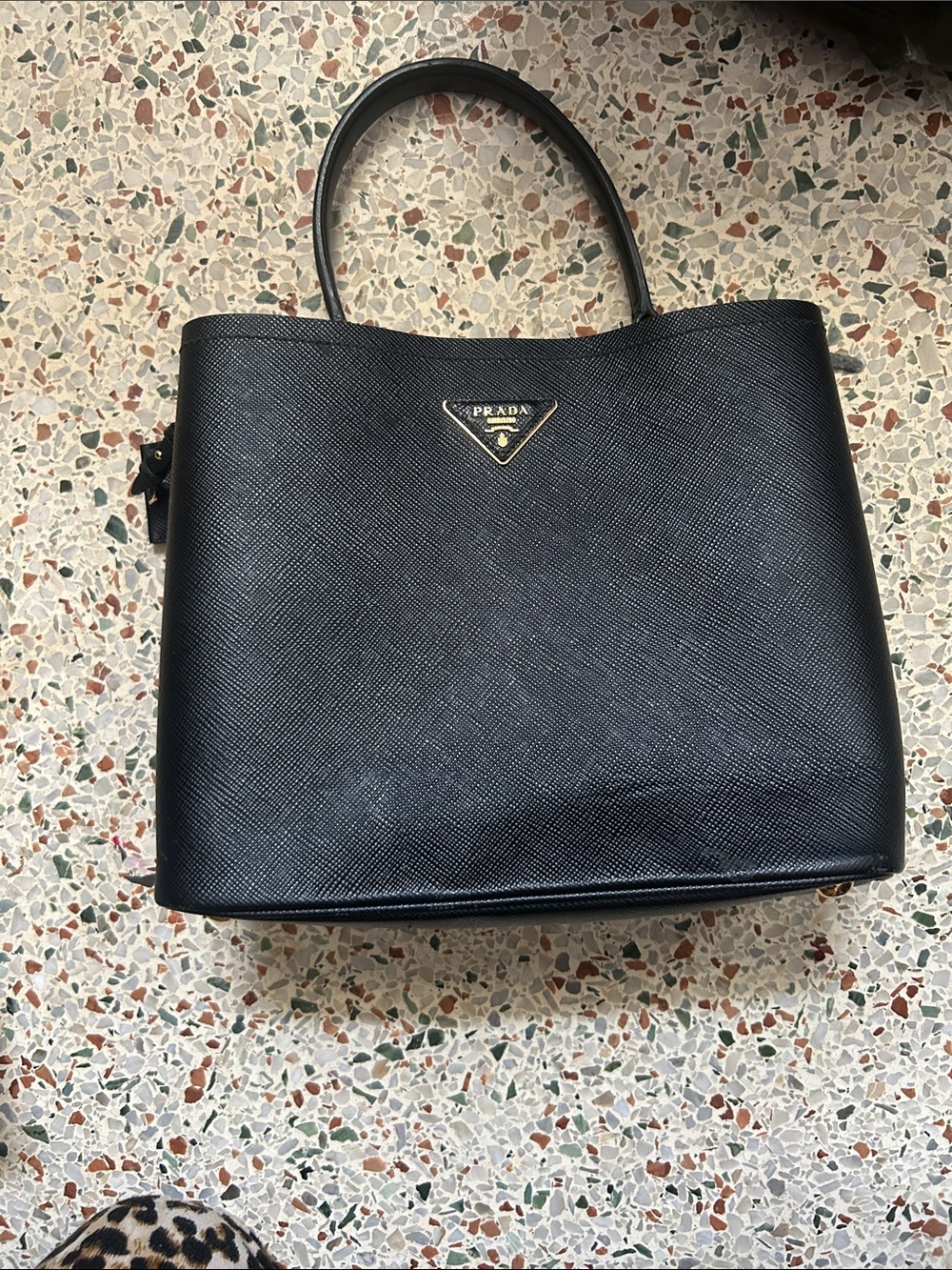 Prada  authentic Black Saffiano Top-Handle Tote with Gold Logo
